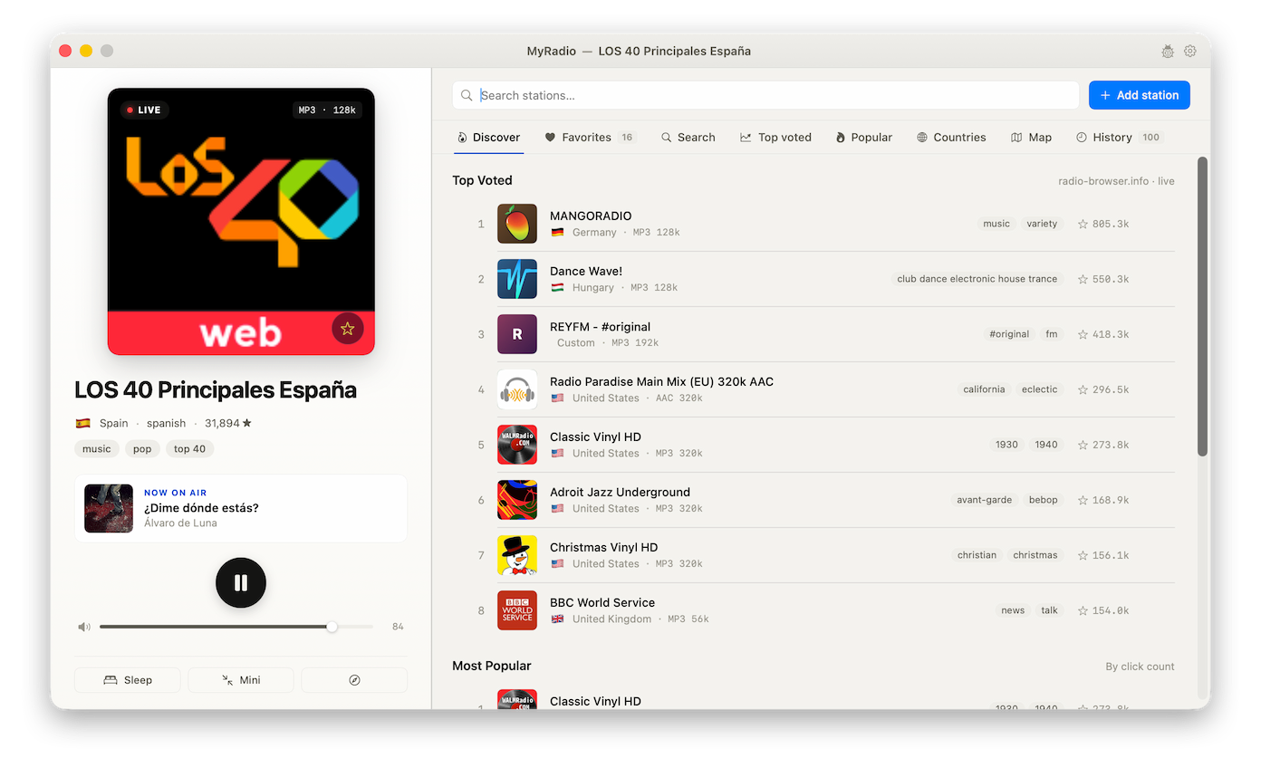 MyRadio main window showing the Discover tab with a station playing